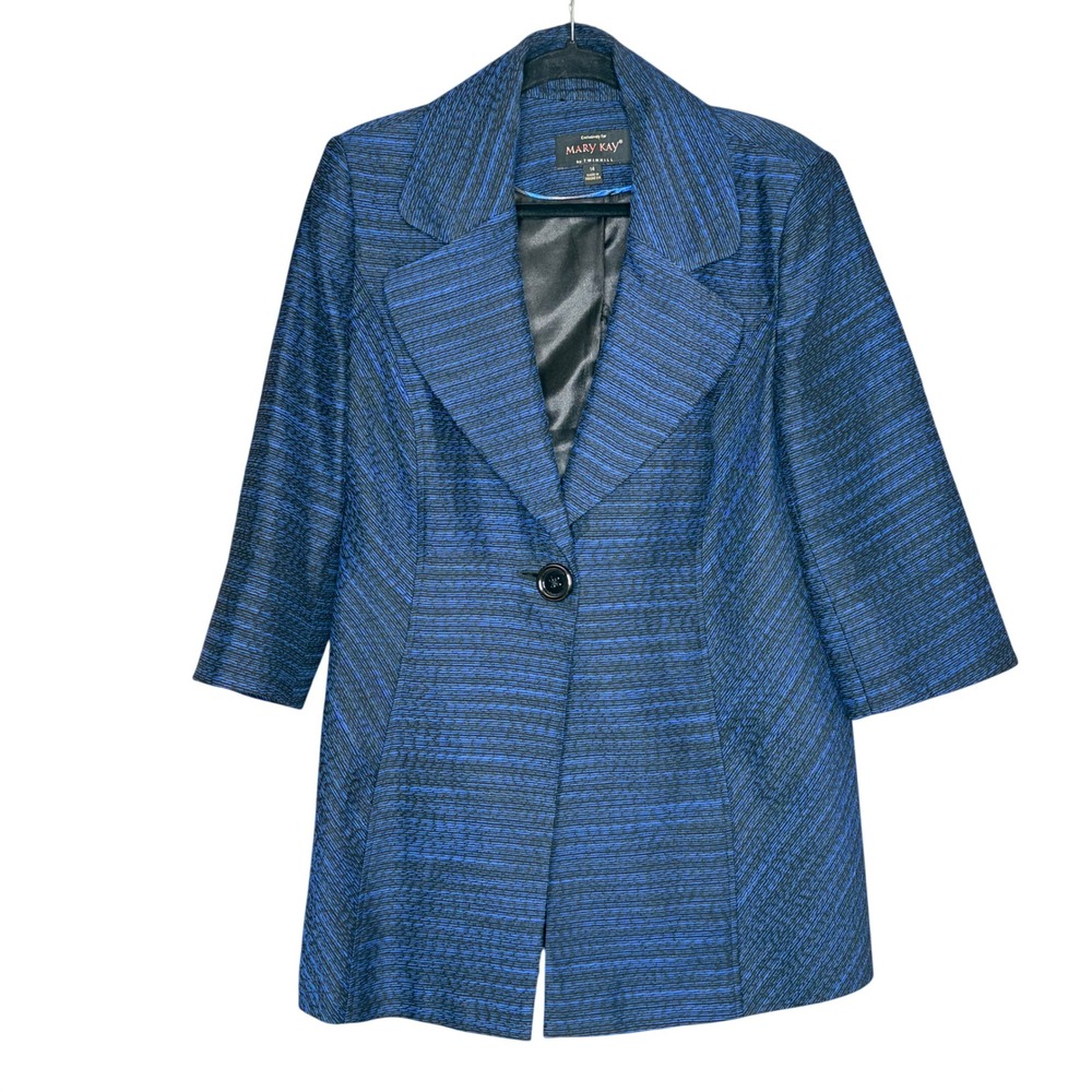 Mary Kay Blazer Women 14 Blue Excellent Textured 3/4 Sleeve Single Button Jacket